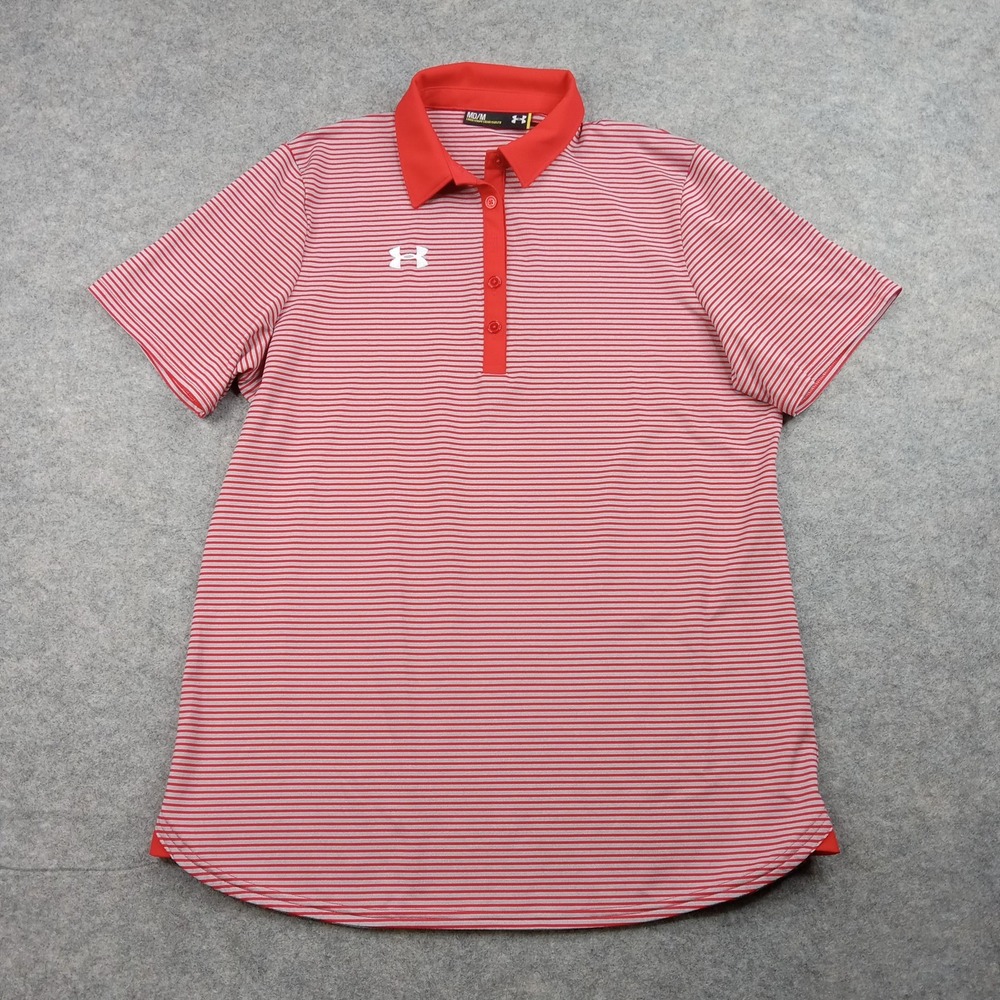 Under Armour Polo Shirt Mens Medium Red‎ Gray Striped Loose Fit Golf Performance